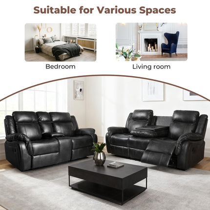 Leather Manual Recliner Sofa Set, Reclining Sofa Chair with Adjustable Angle, Living Room Furniture Sets, Includes Single Recliner Chair and Loveseat Sofa, Black