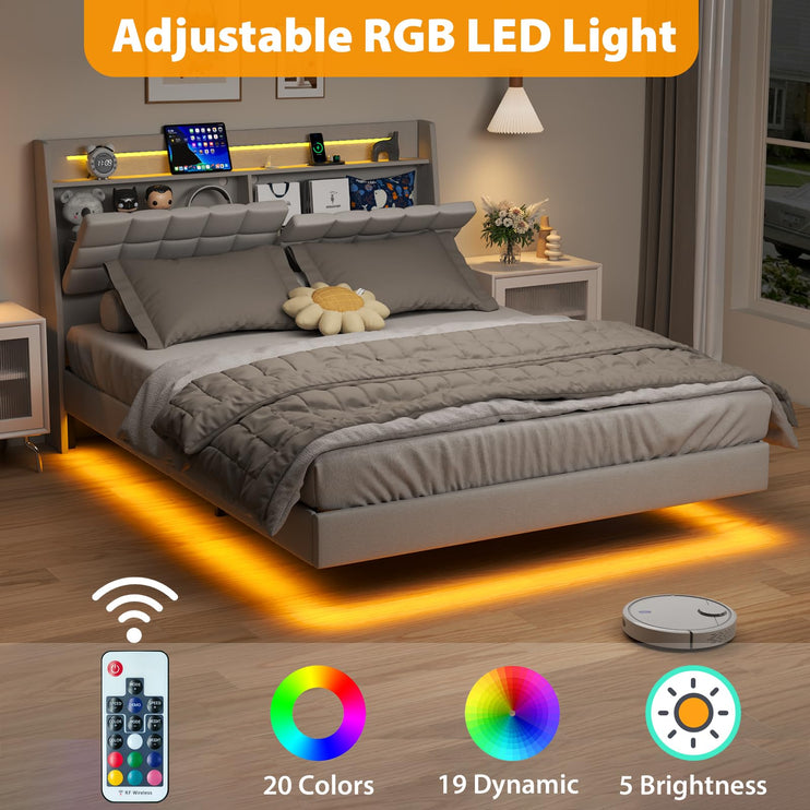 Floating Queen Bed Frame with Storage, Upholstered Platform Bed Frame Queen with LED Lights, Floating Bed Frame with Headboard, Charging Station with USB Ports, Noiseless, White