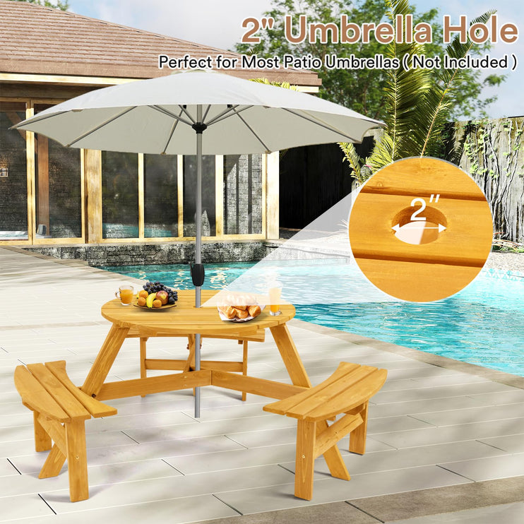 6 Person Wood Picnic Table, Round Tabletop with Umbrella Hole, 3 Built-in Curved Benches, 1720LBS Total Capacity for Balcony, Garden, Light Wood Color