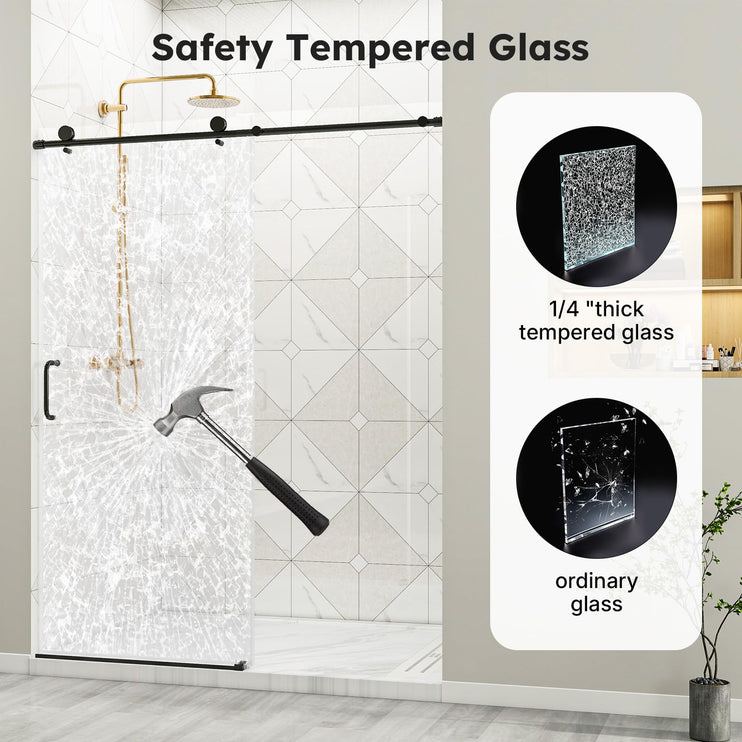 56"-60" W x 76" H Frameless Sliding Shower Door, Bathroom Sliding Door with 1/4'' (6mm) Tempered Glass, Explosion-Proof Film, Silent Soft-Close Shower Door, Stainless Steel Handle, Black