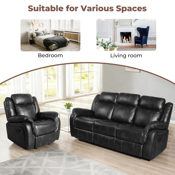 Leather Manual Recliner Sofa Set, Reclining Sofa Chair with Adjustable Angle, Living Room Furniture Sets, Includes Single Recliner Chair and Loveseat Sofa, Black