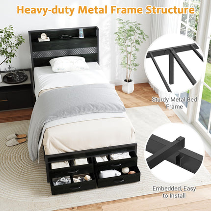Twin Bed Frame with Storage Drawers, Twin Metal Bed Frame with LED Light and Charging Station, Heavy Duty Metal Slats, No Box Spring Needed, Black