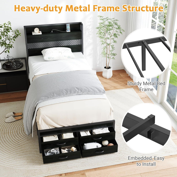 Twin Bed Frame with Storage Drawers, Twin Metal Bed Frame with LED Light and Charging Station, Heavy Duty Metal Slats, No Box Spring Needed, Black