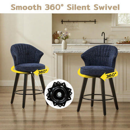 Bar Stools Set of 2, 25" Counter Height Stools, 360° Swivel Bar Stools, Stools for Kitchen Counter, Barstools Set of 2 with Wood Legs & Chenille Upholstery for Pub & Dining Room-Blue