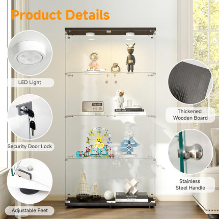 Tempered Glass Display Cabinet with Lights, 4-Tier Curio Cabinet with Glass Doors and Lock, Glass Display Case for Collectibles, for Living Room, Bedroom, Office, Black, Double Door