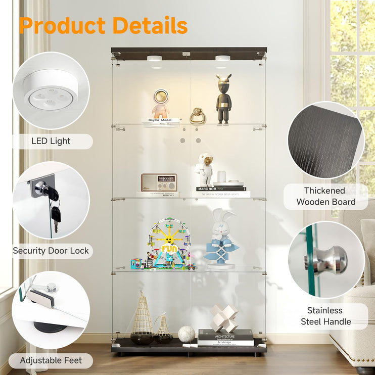 Tempered Glass Display Cabinet with Lights, 4-Tier Curio Cabinet with Glass Doors and Lock, Glass Display Case for Collectibles, for Living Room, Bedroom, Office, Black, Double Door