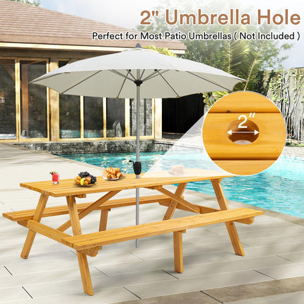 8 Person Wood Picnic Table, Rectangle Tabletop with Umbrella Hole, 2 Built-in Long Benches, 2220LBS Total Capacity for Gardens, Yards, Pale Wood