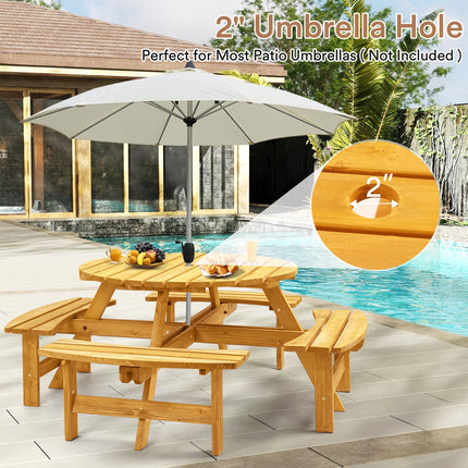 8 Person Wood Picnic Table, Round Tabletop with Umbrella Hole, 4 Built-in Curved Benches, 2220LBS Total Capacity for Patios, Backyard, Light Wood Color