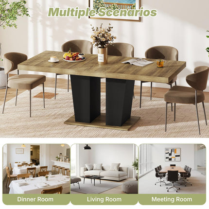 63"-78.7" Expandable Dining Table, 6-10 Rectangle Table, Extendable Console Table, Wooden Farmhouse Kitchen Table with Metal Track & Dual Column Base for Living, Office-Brown