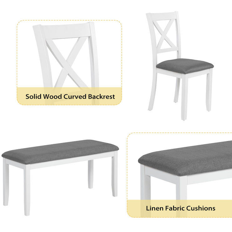 6-Piece Solid Wood Dining Table Set, Including 1 Dining Table, 4 Upholstered Chairs and 1 Bench, Wooden Legs Dining Table Set for Dining Room, Kitchen, Restaurant, White