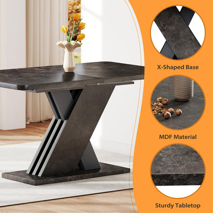 55"-70.87" Expandable Dining Table, Dinner Table for 4-8, Farmhouse Kitchen Table with X-Shaped Design Base, Rectangular Long Kitchen Table with Metal Track for Dining Room, Office-Marble