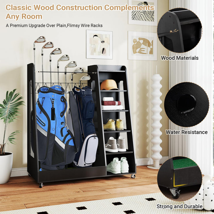 Wooden Golf Bag Organizer and Storage Rack, 2 Golf Bag Storage Rack with Wheels, Golf Storage Organizer for Garage, Suitable for Garage Home Golf Club, Black