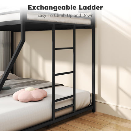 Twin Over Full Size Bunk Bed, Metal Low Profile Bunkbeds with Full-Length Guardrail and Ladder, Space Saving, No Boxing Spring Needed, Black