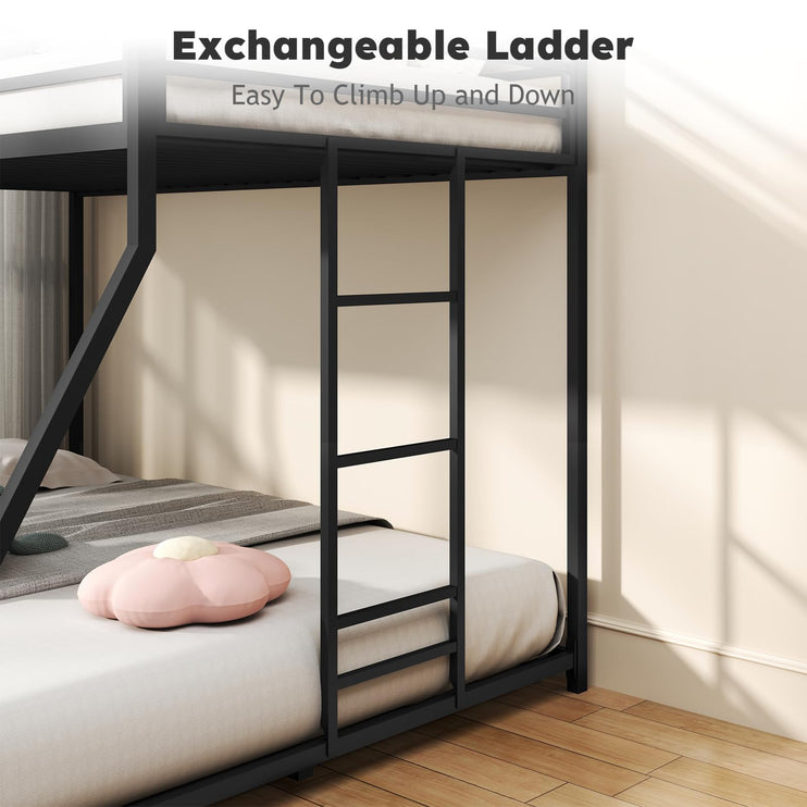 Twin Over Full Size Bunk Bed, Metal Low Profile Bunkbeds with Full-Length Guardrail and Ladder, Space Saving, No Boxing Spring Needed, Black