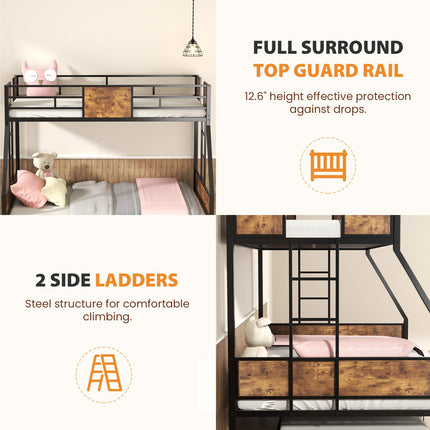 Twin Over Full Bunk Bed with Trundle, Metal Triple Bunk Bed with Full Length Guardrail 2 Side Ladders Thickened Bed Frame for Boys Girls Adults Loft, No Box Spring Needed, Black