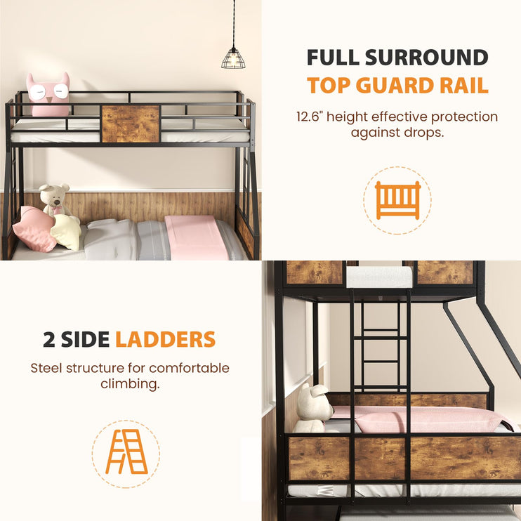 Twin Over Full Bunk Bed with Trundle, Metal Triple Bunk Bed with Full Length Guardrail 2 Side Ladders Thickened Bed Frame for Boys Girls Adults Loft, No Box Spring Needed, Black