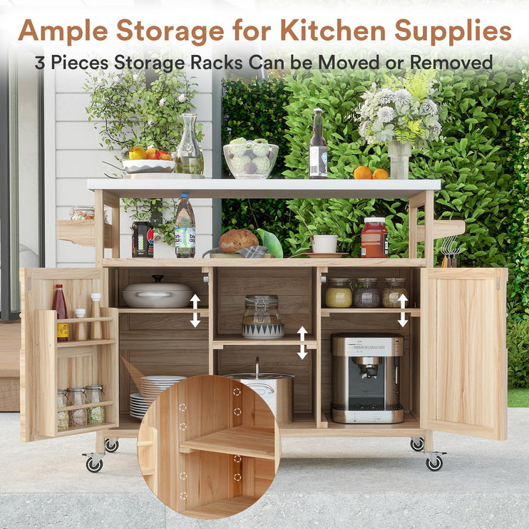 Outdoor Grill Cart with Storage, Stainless Steel Tabletop Outdoor Kitchen Island, Solid Wood Outdoor Buffet Cabinet with Wheels for Grilling, Light Wood Color