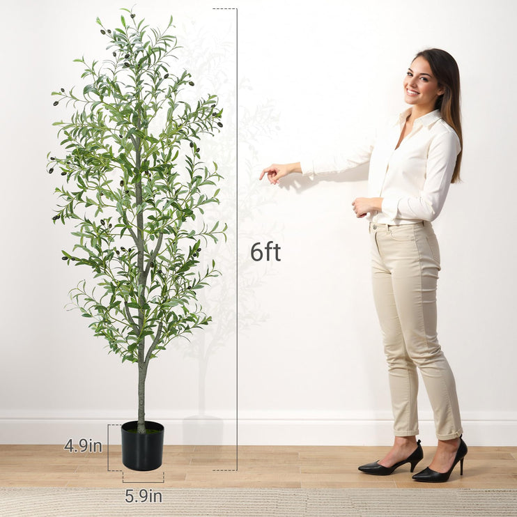 6 FT Faux Olive Tree Indoor, Tall Artificial Silk Olive Tree 6 FT, Large Indoor Fake Olive Trees with Realistic Leaves, Branches, Fruits, Faux Olive Trees Artificial Plants for Home (6 Feet)