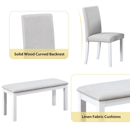 6-Piece Solid Wood Dining Table Set, Including 1 Dining Table, 4 Upholstered Chairs and 1 Bench, Wooden Legs Dining Table Set for Dining Room, Kitchen, Restaurant, White Diamond
