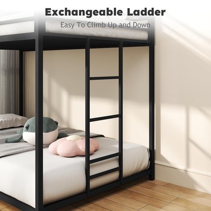 Twin Over Twin Bunk Bed, Metal Low Profile Bunkbeds with Full-Length Guardrail and Ladder, Space Saving, No Boxing Spring Needed, Black