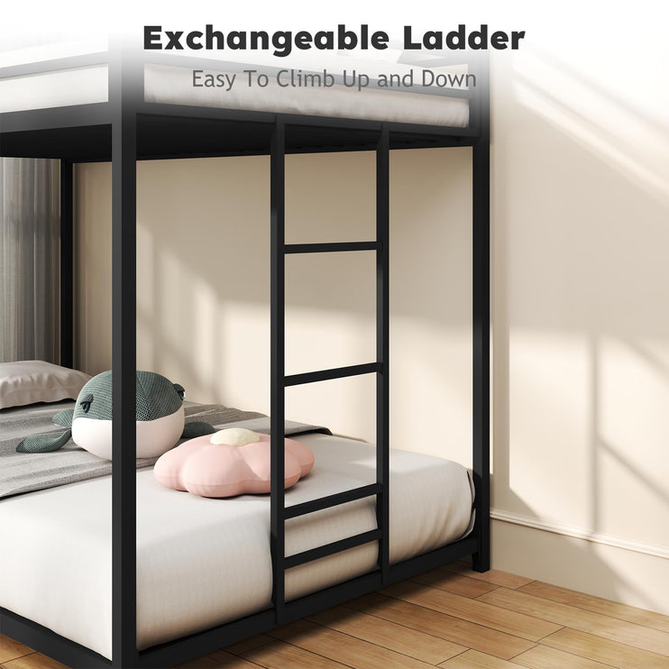 Twin Over Twin Bunk Bed, Metal Low Profile Bunkbeds with Full-Length Guardrail and Ladder, Space Saving, No Boxing Spring Needed, Black