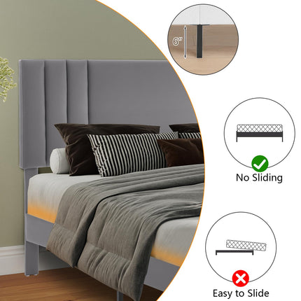 Upholstered Bed Frame King, PU Leather Upholstered Bed Frame with Headboard, Mattress Foundation with Sturdy Wooden Slats, No Box Spring Needed, No Noise, Grey