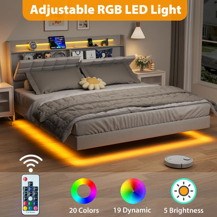 Floating King Bed Frame with Storage Headboard, Upholstered Platform Floating Bed Frame King with LED Lights, Charging Station with USB Ports, Noiseless, White