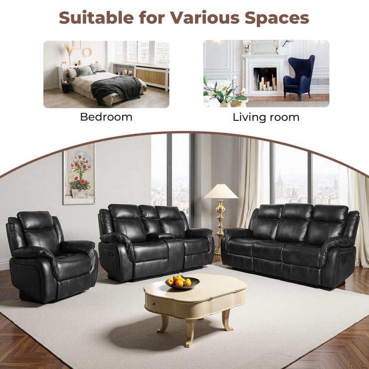 Leather Manual Recliner Sofa Set, Reclining Sofa Chair with Adjustable Angle, Living Room Furniture Sets, Includes Single Recliner Chair and Loveseat Sofa, Black