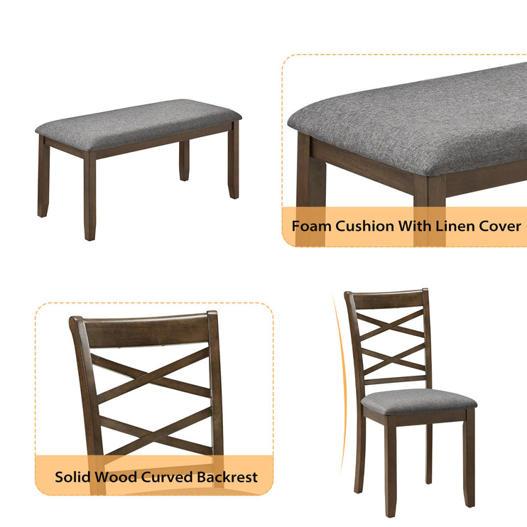 6-Piece Solid Wood Dining Table Set, Includes 1 Dining Table, 4 Upholstered Chairs and 1 Bench, Wooden Legs Dining Table Set for Dining Room, Kitchen, Restaurant, Walnut