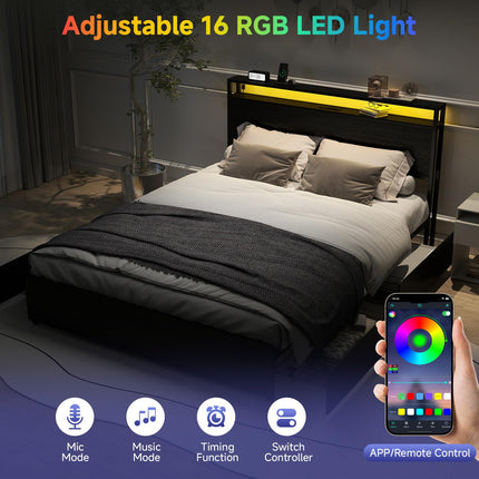 Queen Bed Frame with 4 Storage Drawers, Queen Size Bed Frame with Headboard, LED, Charging Station with USB Ports & AC Outlets, Sturdy Metal Slat Support, No Noise, Black