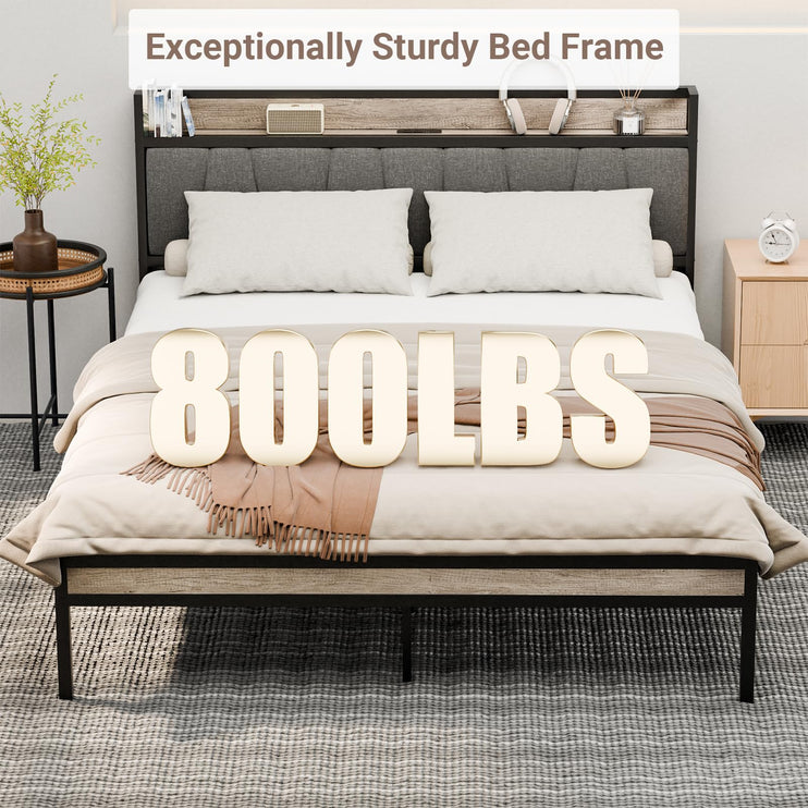 Full Bed Frame, 2 Tier Shelf Headboard with USB Ports & Power Outlets Charging Station, Full Size Metal Platform Bed Frame with Upholstered Headboard, Noise-Free, No Box Spring Needed