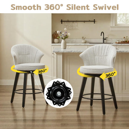 Bar Stools Set of 2, 25" Counter Height Stools, 360° Swivel Bar Stools, Stools for Kitchen Counter, Barstools Set of 2 with Wood Legs & Chenille Upholstery for Pub & Dining Room-White