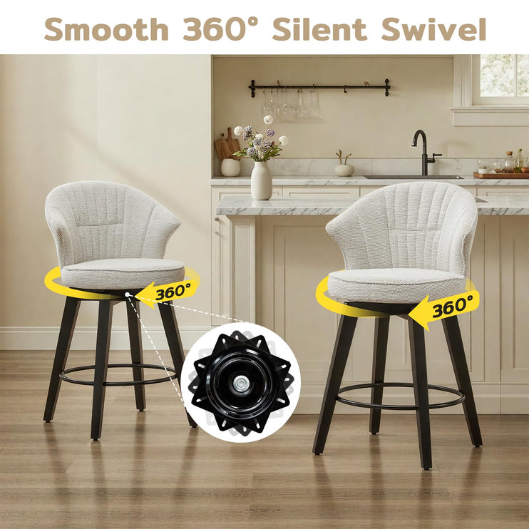 Bar Stools Set of 2, 25" Counter Height Stools, 360° Swivel Bar Stools, Stools for Kitchen Counter, Barstools Set of 2 with Wood Legs & Chenille Upholstery for Pub & Dining Room-White
