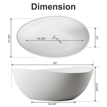 63 Inch Stone Resin Freestanding Bathtub, Modern Oval Soaking Bathtubs Tubs, Contemporary Solid Surface Bathtubs with Overflow and Pop-up Drain, Matte White
