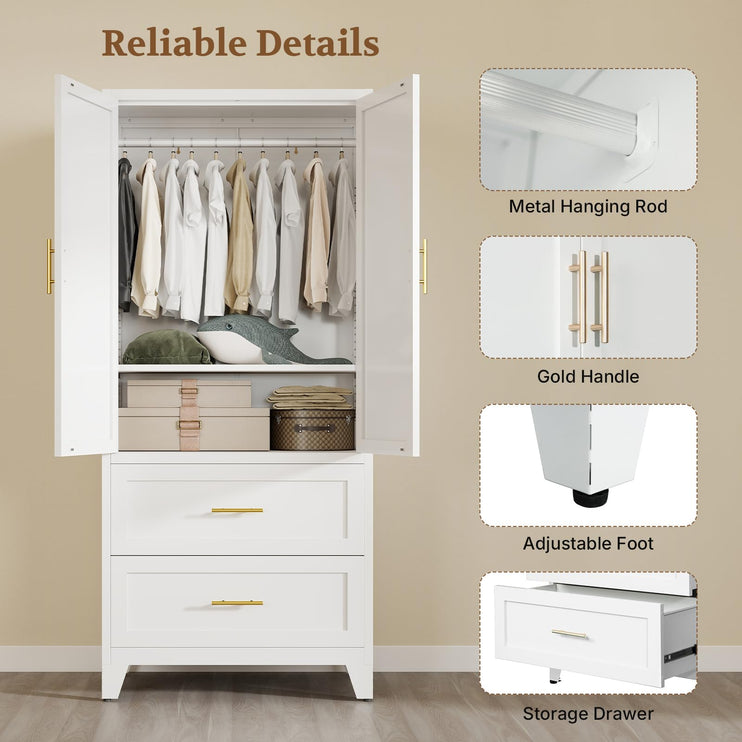 Metal Armoire Wardrobe Closet with Drawers, 2 Doors and Adjustable Shelf, White Wardrobe Cabinet 70.87" X 31.5" X 17.72" Tall Storage Cabinets for Bedroom, Laundry Room, Office