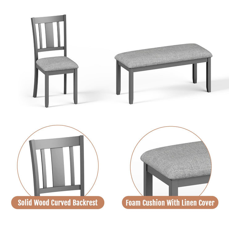 6-Piece Wooden Dining Table Set, Dining Table Set for 6, Including 1 Dining Table, 4 Upholstered Chairs and 1 Bench, Wooden Legs Dining Table, Table Set for Dining Room & Kitchen, Grey