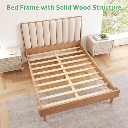 Wood Queen/King Bed Frame with Piano Key Style Upholstered Headboard, Sturdy Solid Wood Framework & Wooden Slat Support, No Box Spring Required, Wheat