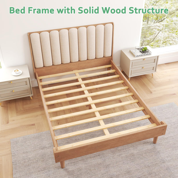 Wood Queen/King Bed Frame with Piano Key Style Upholstered Headboard, Sturdy Solid Wood Framework & Wooden Slat Support, No Box Spring Required, Wheat