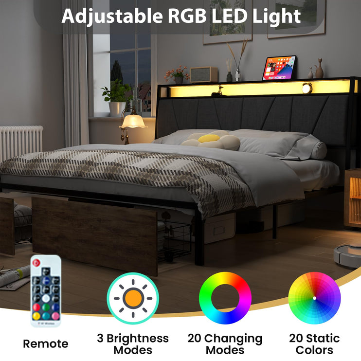 Queen Bed with Storage Shelf, Queen Bed with LED Lights, Charging Station & Drawers, Queen Size Bed with Upholstered Headboard, No Noise, Black and Brown