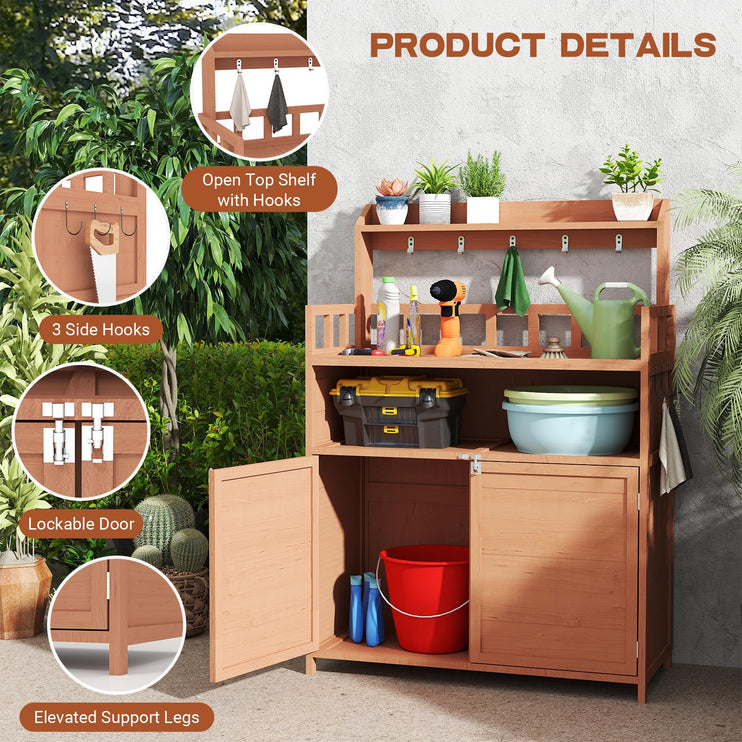 Outdoor Potting Bench Table for Outside, Solid Fir Wood Garden Horticultural Planting Workstation with Large Storage Cabinet and Top Shelf for Gardening, Patio, Backyard