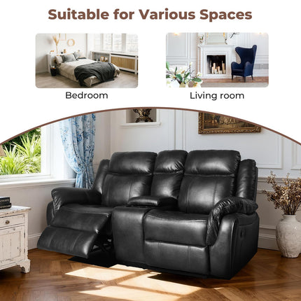 Leather Manual Recliner Sofa Set, 1, 2, 3 Seat Reclining Chairs with Adjustable Angles, Center Console, Hidden Storage & Cup Holders, Modern Reclining Furniture for Living Room & Bedroom, Black