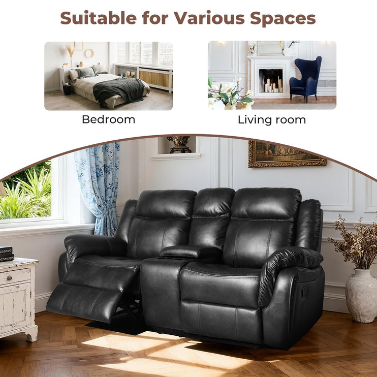 Leather Manual Recliner Sofa Set, 1, 2, 3 Seat Reclining Chairs with Adjustable Angles, Center Console, Hidden Storage & Cup Holders, Modern Reclining Furniture for Living Room & Bedroom, Black