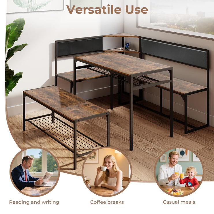 Corner Dining Table Set for 4-6, Breakfast Nook Table Set with Charging Port, Corner Kitchen Table with Storage & Bench, Farmhouse Corner Dining Table Set for Dining Room, Kitchen - Brown