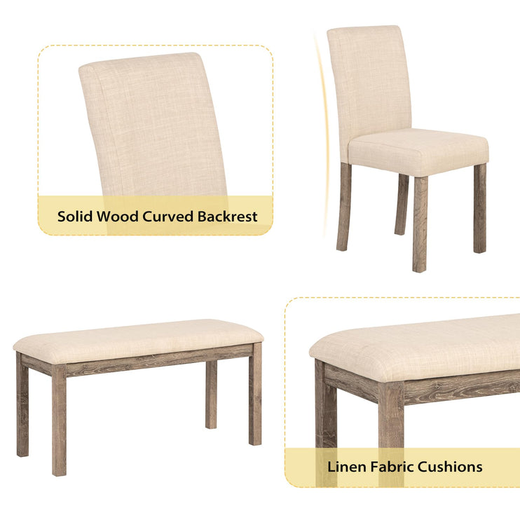 6-Piece Solid Wood Dining Table Set, Including 1 Dining Table, 4 Upholstered Chairs and 1 Bench, Wooden Legs Dining Table Set for Dining Room, Kitchen, Restaurant, Brown