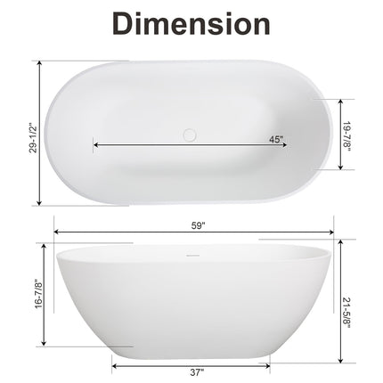 59/63/69 Inch Solid Surface Freestanding Bathtub, Oval Shaped Soaking Stone Resin Bath Tub with Brushed Overflow and Drain, Matte White Stand Alone Bathtub, cUPC Certified