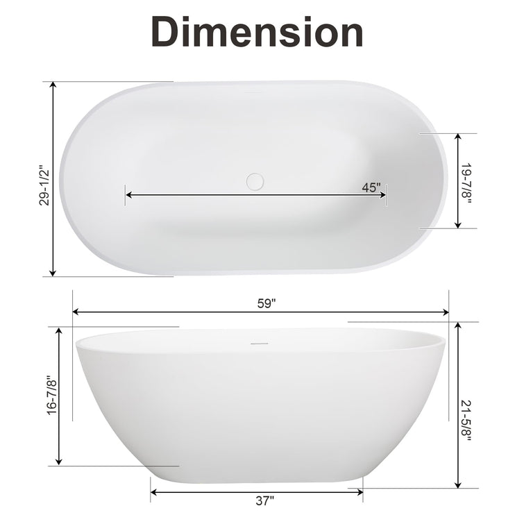 59/63/69 Inch Solid Surface Freestanding Bathtub, Oval Shaped Soaking Stone Resin Bath Tub with Brushed Overflow and Drain, Matte White Stand Alone Bathtub, cUPC Certified