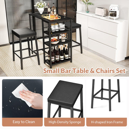 3 Pieces Pub Dining Table Set, Dining Table Set for 2, Counter Height Dining Set, Black Kitchen Bar Table, with 3 Storage Shelf & 2 H-Shaped Frame Support PU Stools for Bar, Kitchen-Black