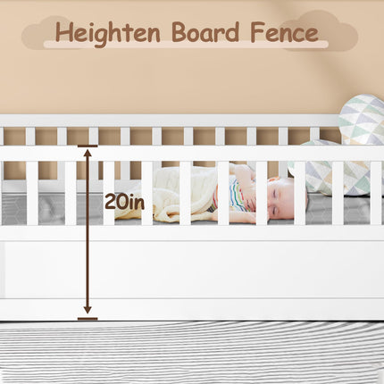 Twin House Bed for Kids, Wooden Montessori Bed with Fence and Roof for Toddlers, Kids Floor Bed Frame for Girls & Boys, Twin Grey