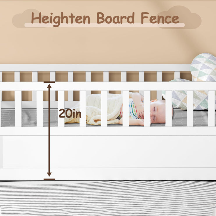 Twin House Bed for Kids, Wooden Montessori Bed with Fence and Roof for Toddlers, Kids Floor Bed Frame for Girls & Boys, Twin Grey