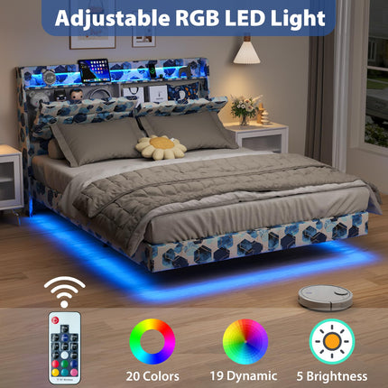 Floating Queen Bed Frame with Storage, Upholstered Platform Bed Frame Queen with LED Lights, Floating Bed Frame with Headboard, Charging Station with USB Ports, No Noise, Blue